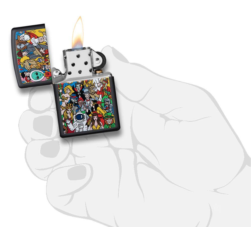 Front view of the Where's Windy Design Lighter, in hand, open and lit
