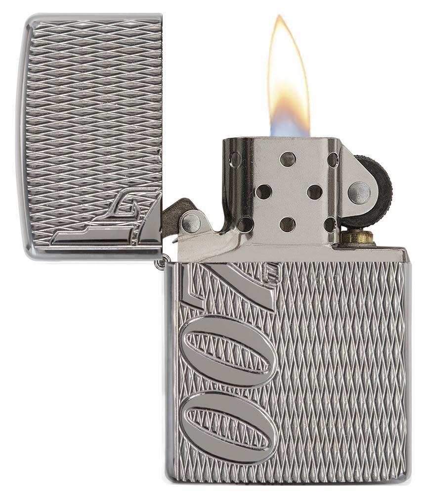 James Bond Deep Carve High Polish Chrome Windproof Lighter open and lit