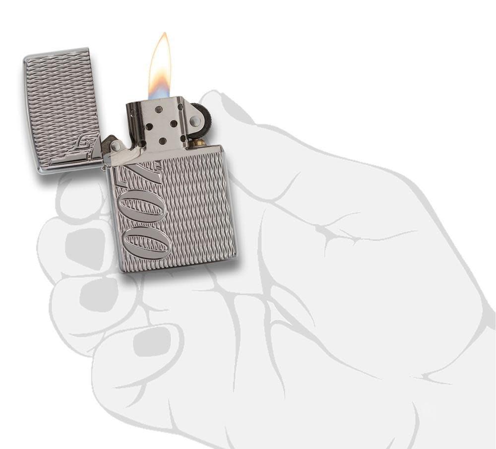 James Bond Deep Carve High Polish Chrome Windproof Lighter in hand