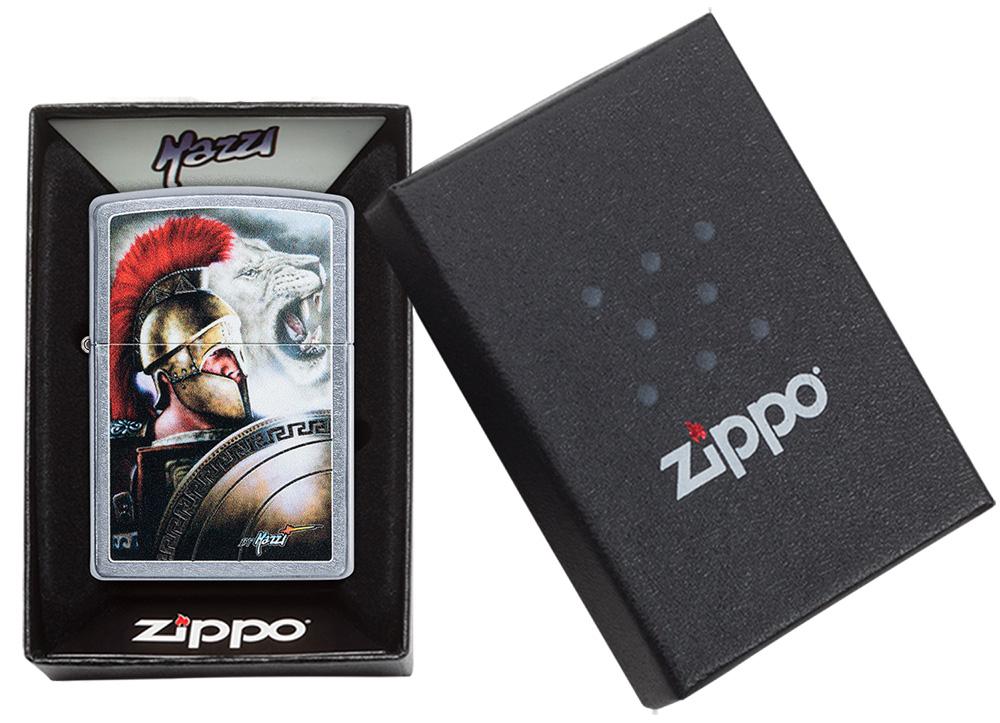 Mazzi Roman Street Chrome windproof lighter in packaging