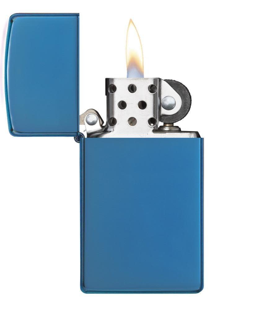 High Polish Blue Finish with Slim Case with its lid open and lit