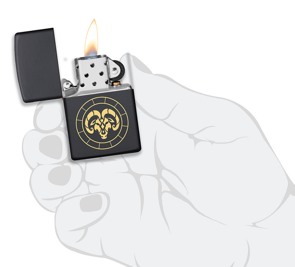 Aries Zodiac Sign Design Black Matte Windproof Lighter lit in hand