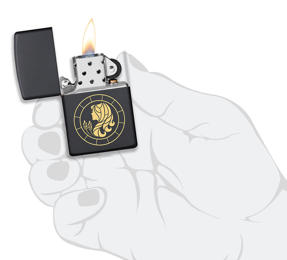 Virgo Zodiac Sign Design Black Matte Windproof Lighter lit in hand