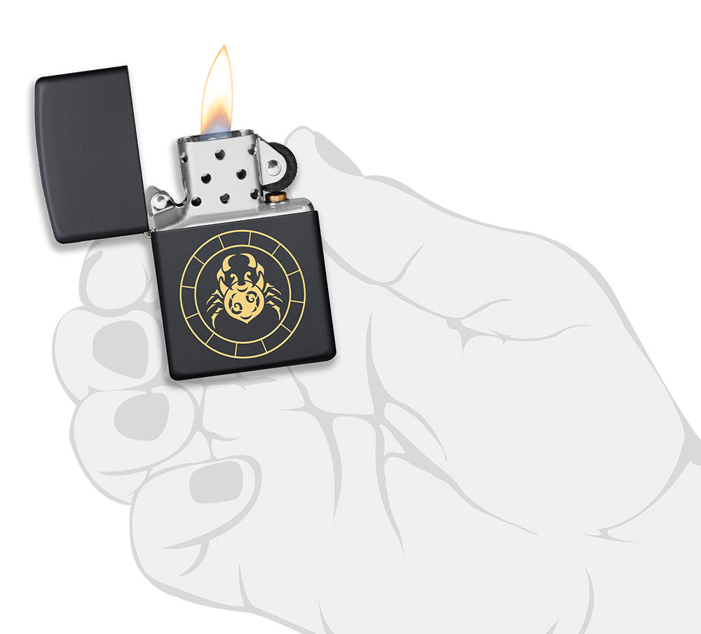 Cancer Zodiac Sign Design Black Matte Windproof Lighter lit in hand