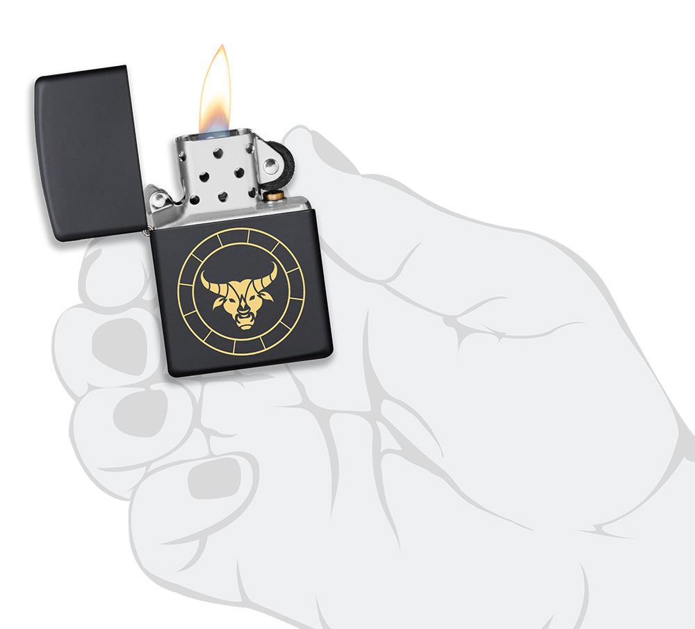 Taurus Zodiac Sign Design Black Matte Windproof Lighter lit in hand