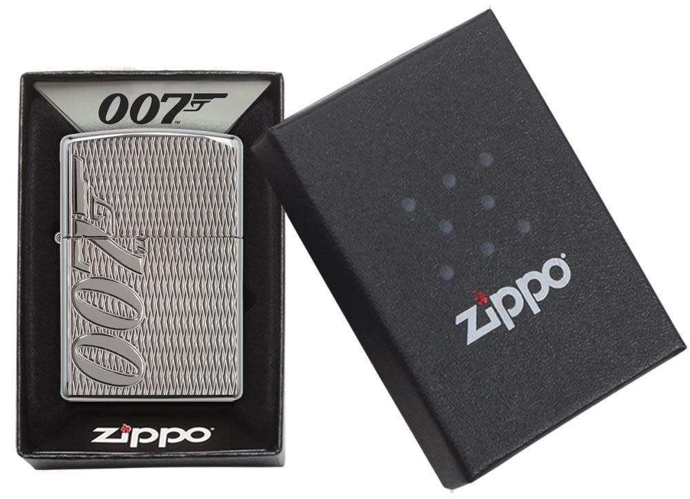 James Bond Deep Carve High Polish Chrome Windproof Lighter in packaging