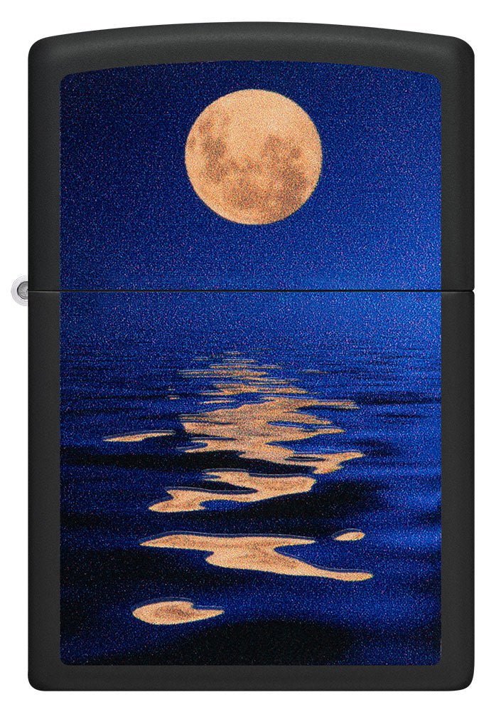 Front shot of Full Moon Design Black Light Black Matte Windproof Lighter.