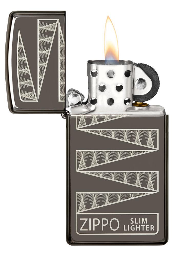 Slim® Black Ice® 65th Anniversary Collectible Windproof Lighter with its lid open and lit.