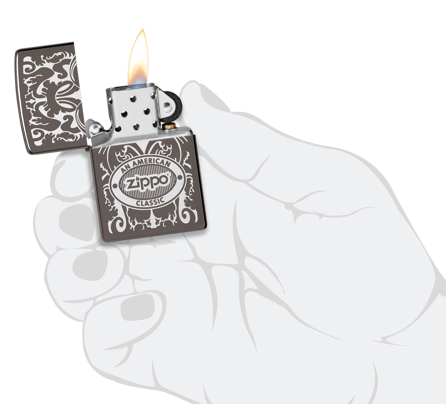Zippo American Classic Windproof Lighter lit in hand.