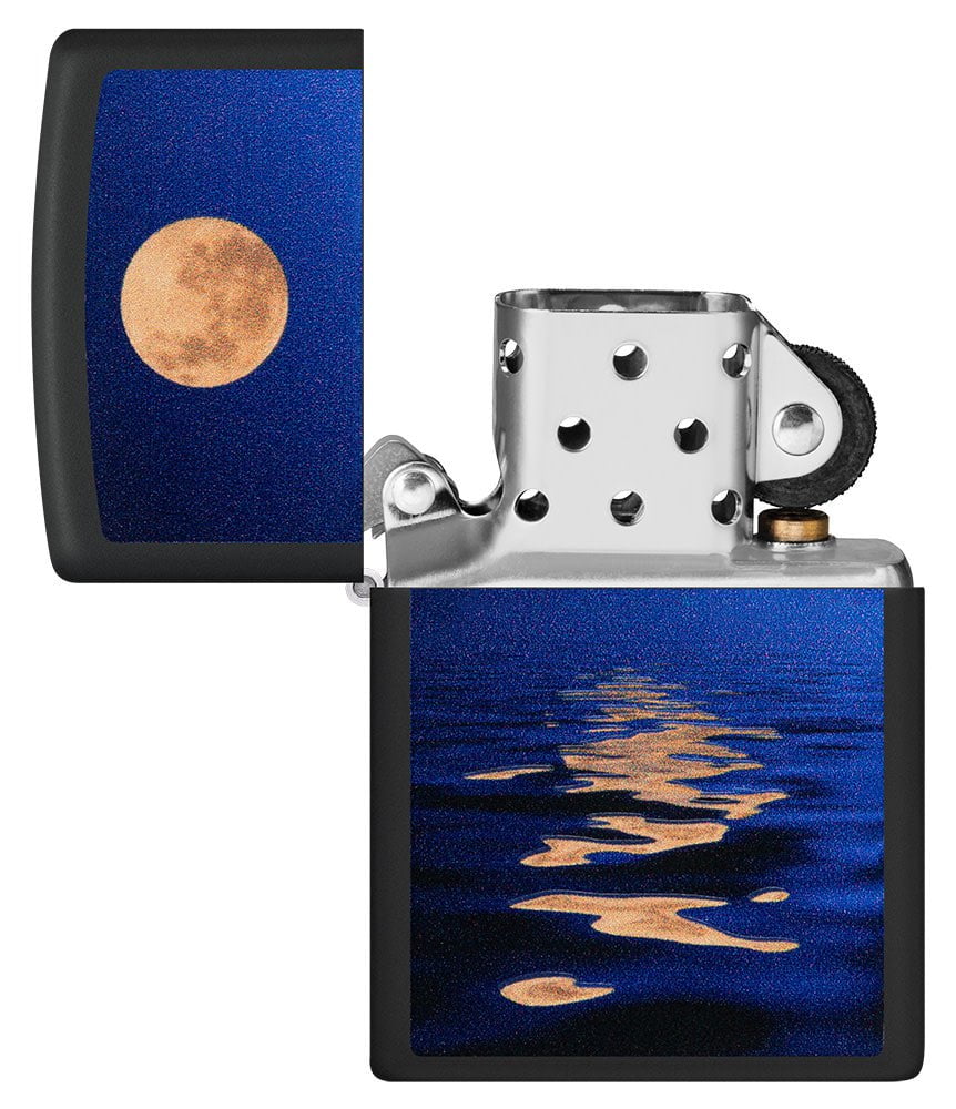 Full Moon Design Black Light Black Matte Windproof Lighter with its lid open and unlit.