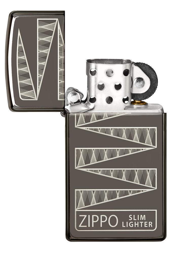 Slim® Black Ice® 65th Anniversary Collectible Windproof Lighter with its lid open and unlit.