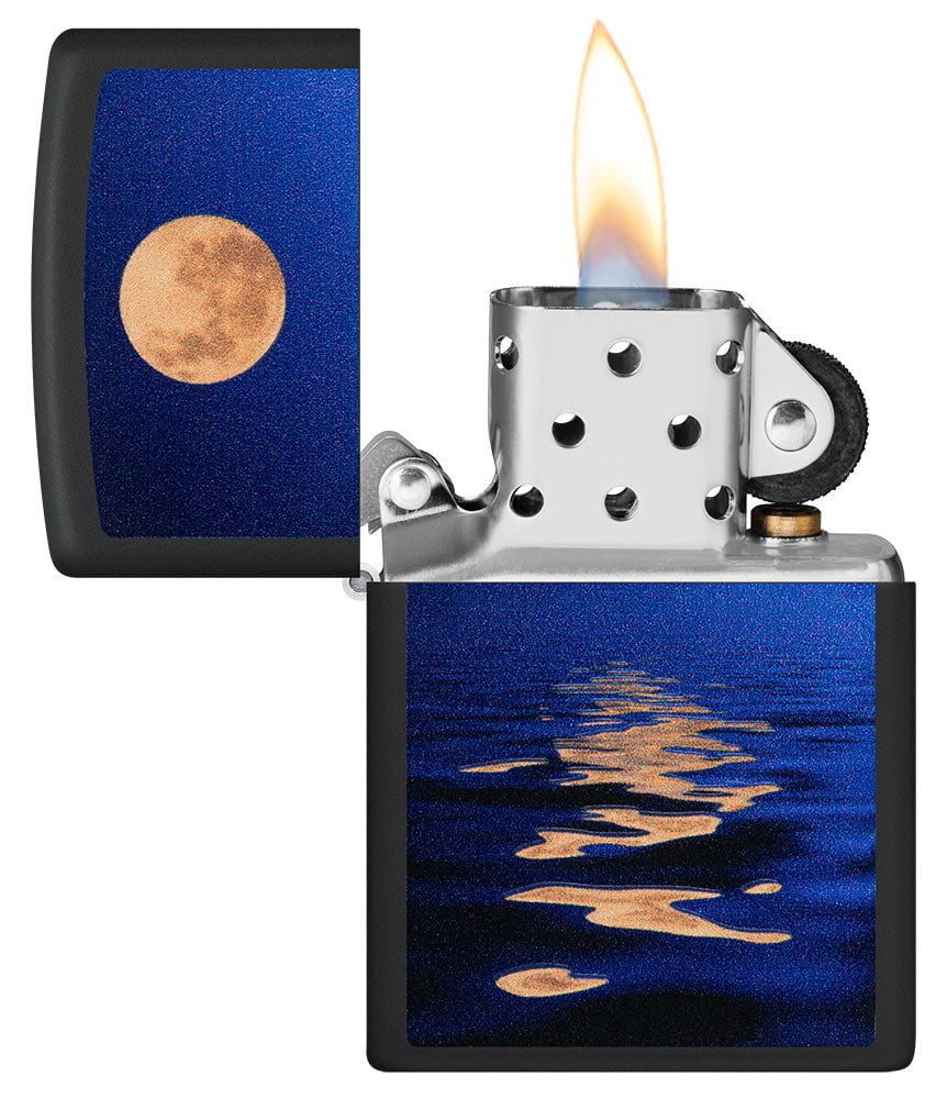 Full Moon Design Black Light Black Matte Windproof Lighter with its lid open and lit.