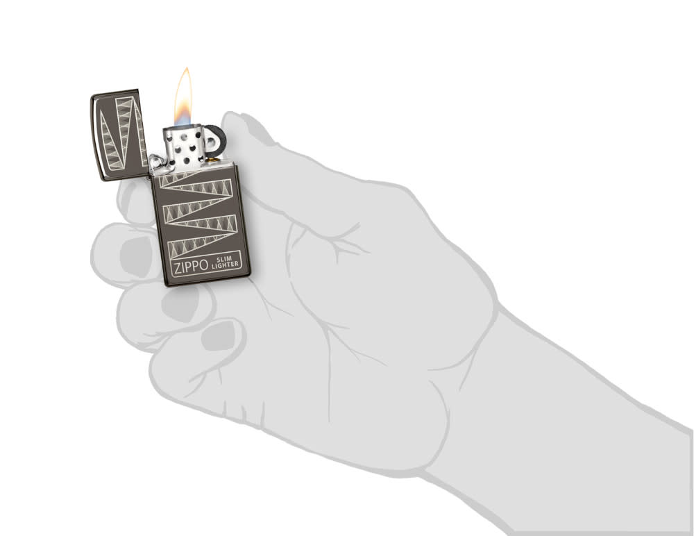 Slim® Black Ice® 65th Anniversary Collectible Windproof Lighter lit in hand.