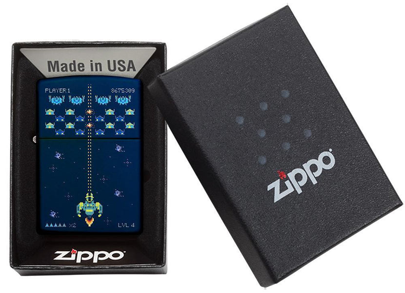 Pixel Game Navy Matte windproof lighter in packaging 
