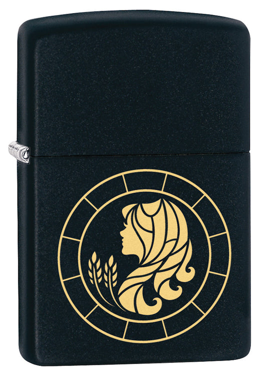 Front shot of Virgo Zodiac Sign Design Black Matte Windproof Lighter standing at a 3/4 angle