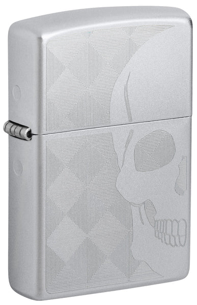 Front shot of Skull Design Auto Engraved Satin Chrome Windproof Lighter standing at a 3/4 angle