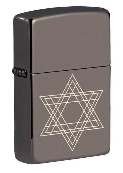 Front view of Star of David Design Black Ice® Windproof Lighter standing at a 3/4 angle.